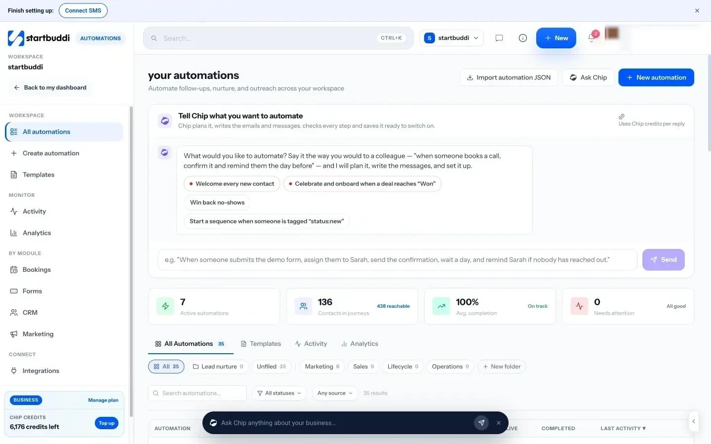 startbuddi: The Automations hub in startbuddi, where the email sequence runs