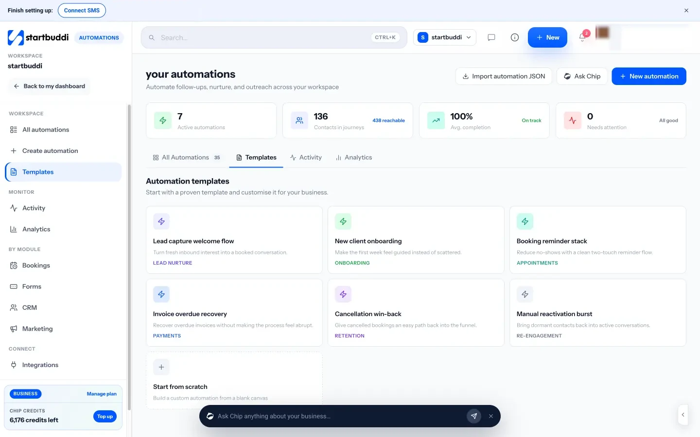 startbuddi: Automation templates: welcome flows, booking reminders, invoice recovery and win-back, ready to customise