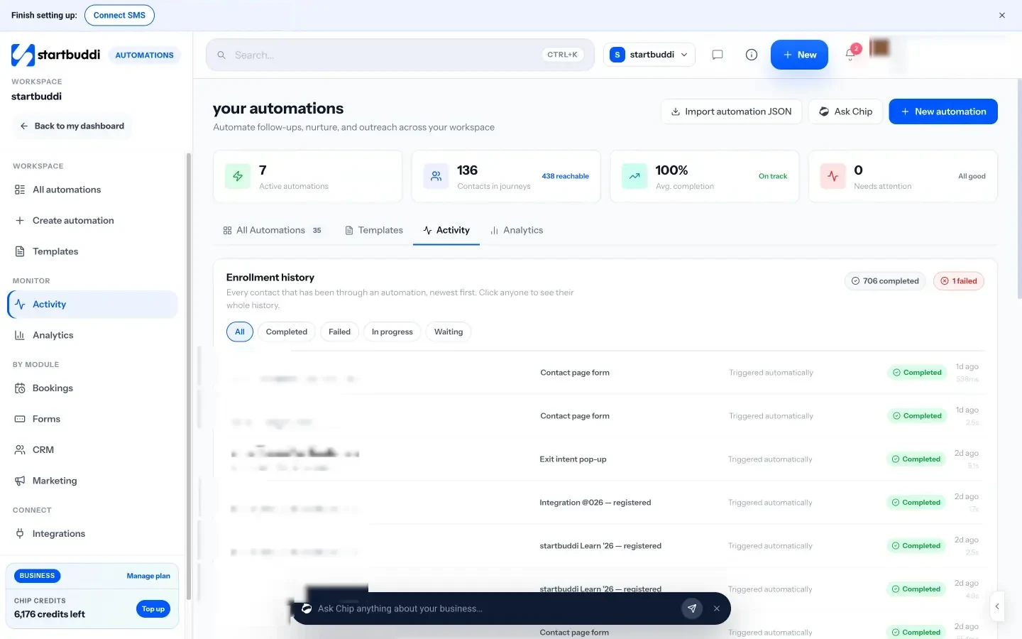 startbuddi: Enrollment history in Automations: every contact that went through a flow, with completed and failed runs