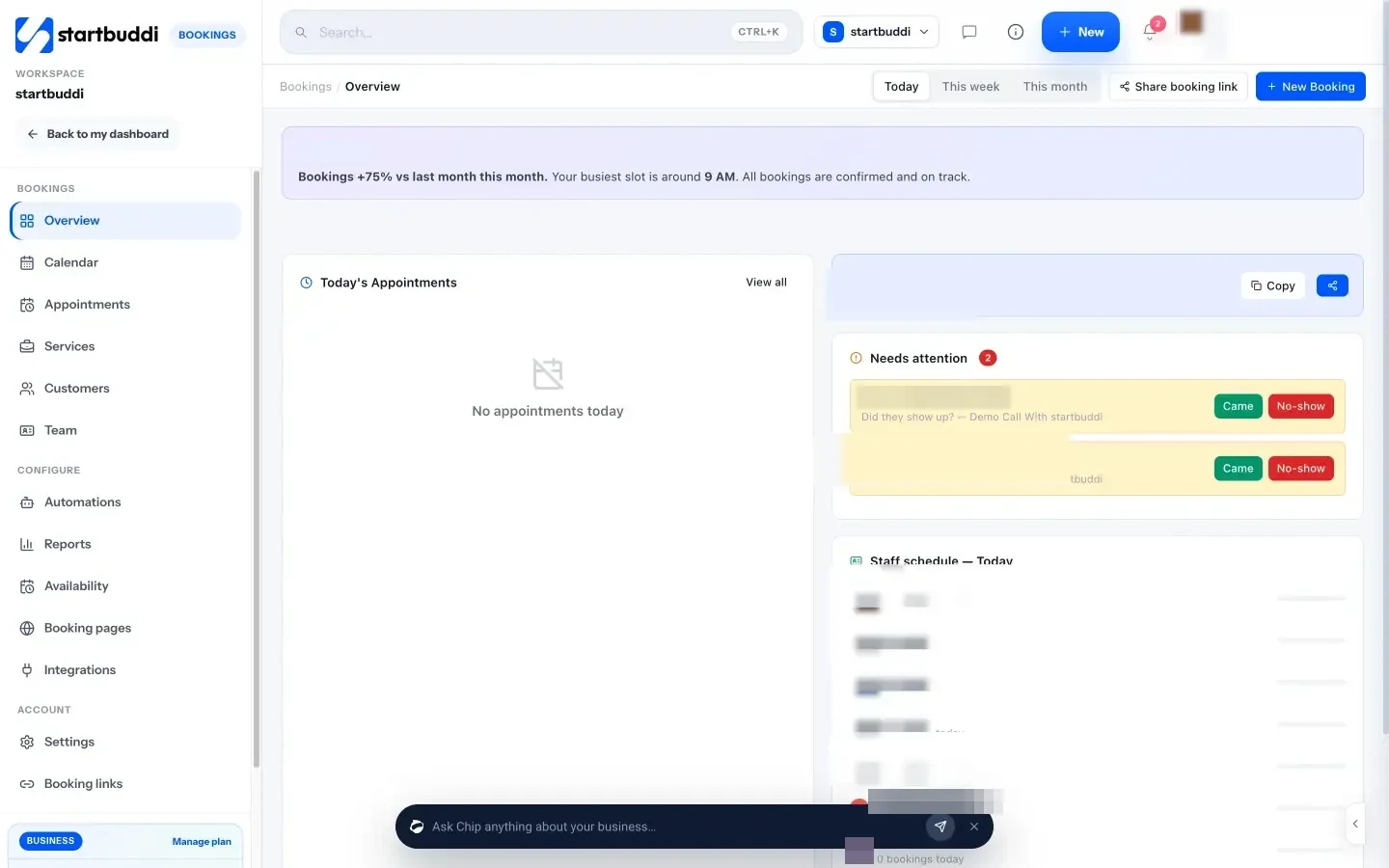 startbuddi: The Bookings overview, with today's appointments and a Needs attention list for confirming who came and who did not