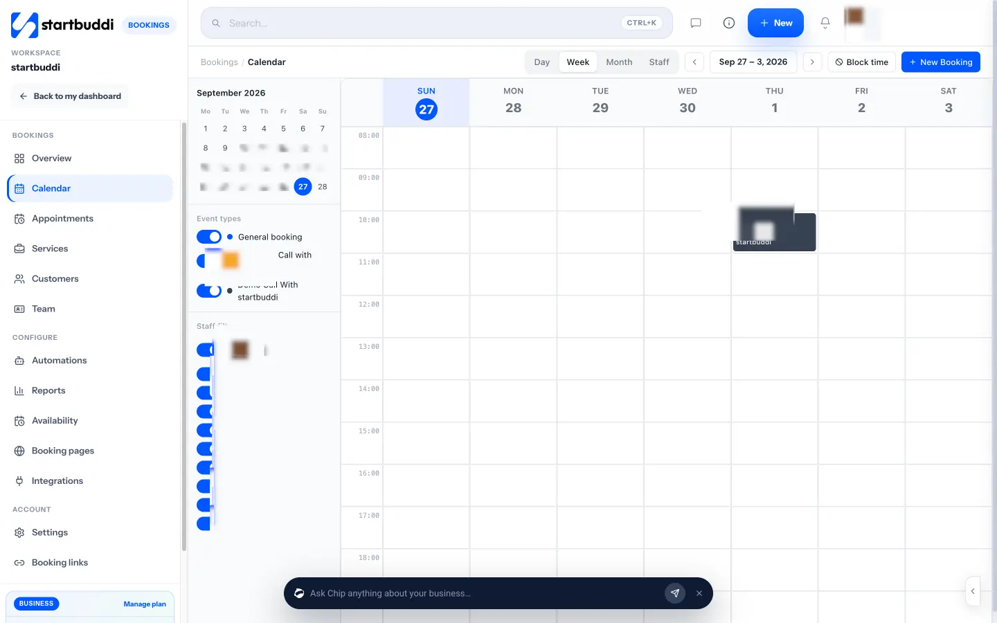 startbuddi: The week view shows every booking, with Block time and New Booking for phone and emergency jobs