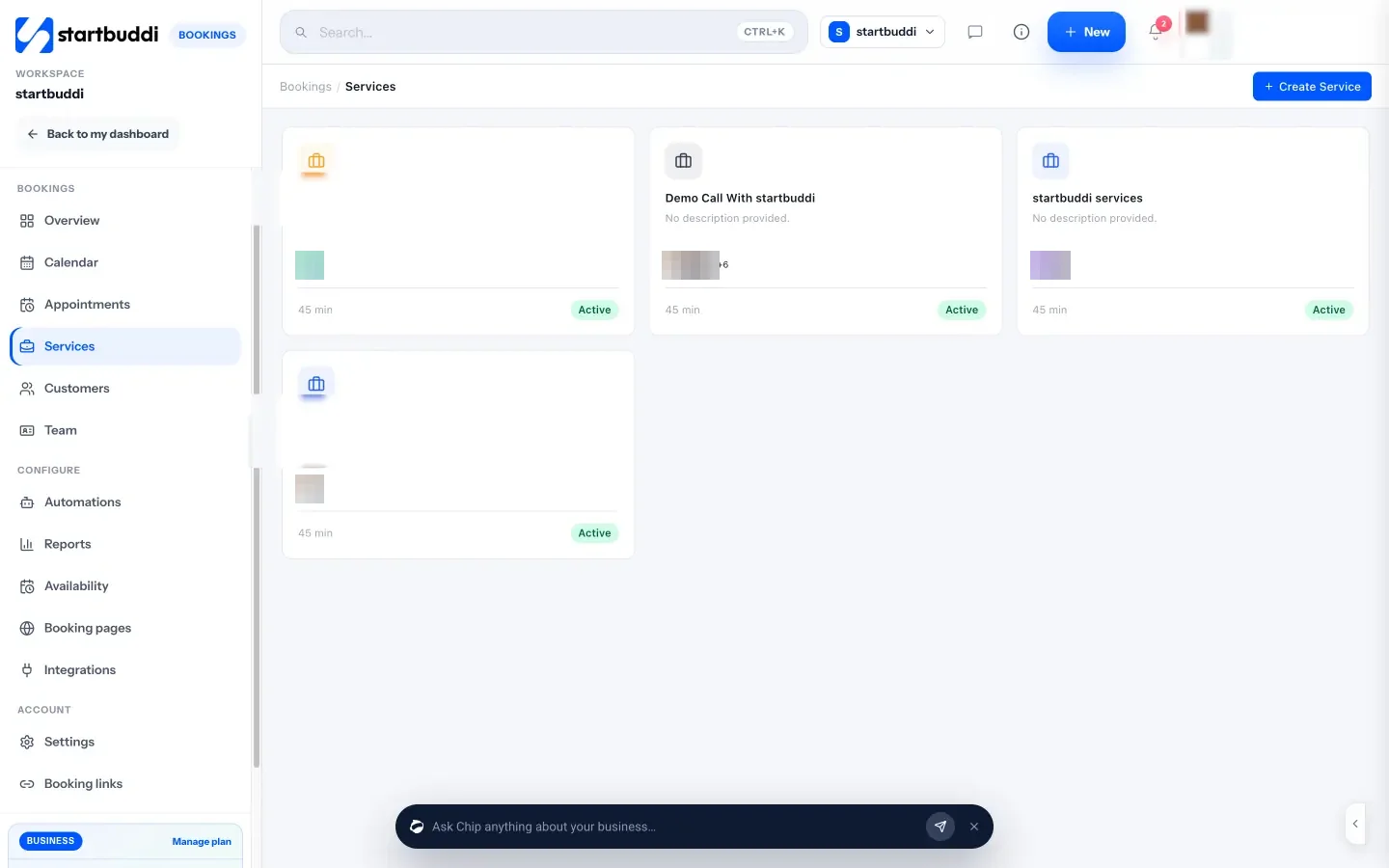 startbuddi: The Services tab in Bookings, where each coaching session type has its own duration, price and link