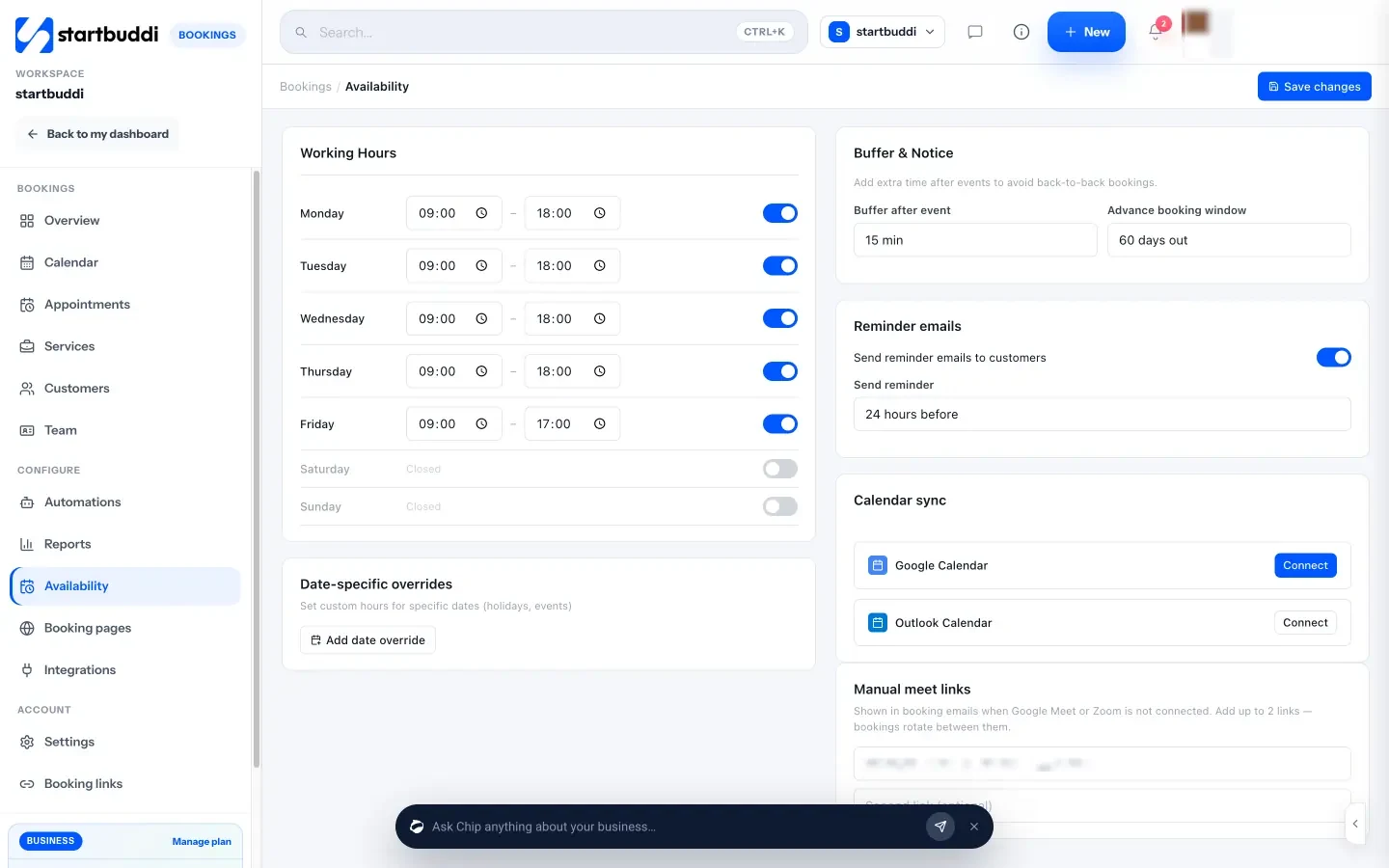 startbuddi: Availability holds your working hours, a travel buffer after each visit, the booking window and reminder emails