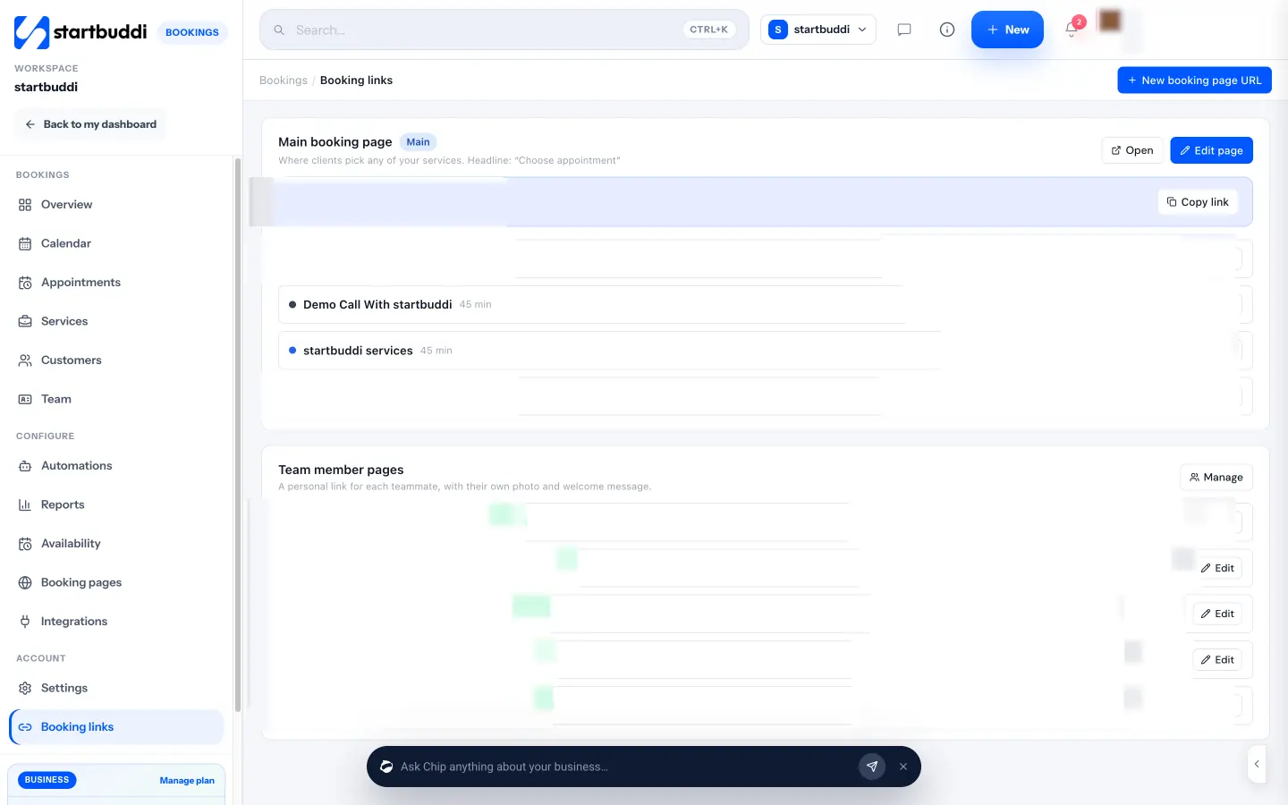 startbuddi: Booking links, with the main booking page and a personal page for each team member