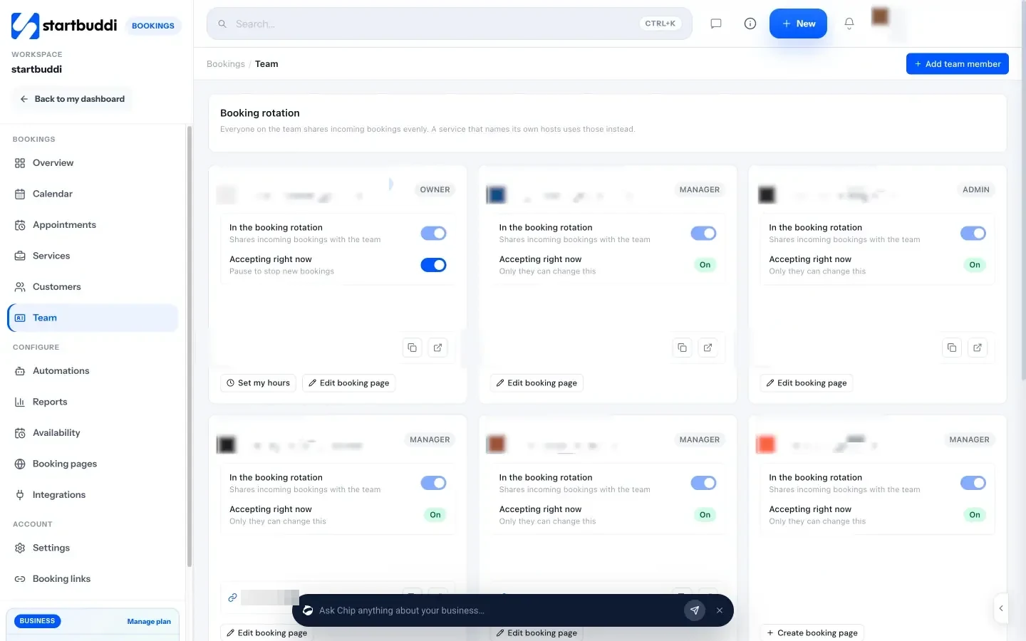 startbuddi: The Team tab in Bookings, with each person's booking rotation and accepting switches