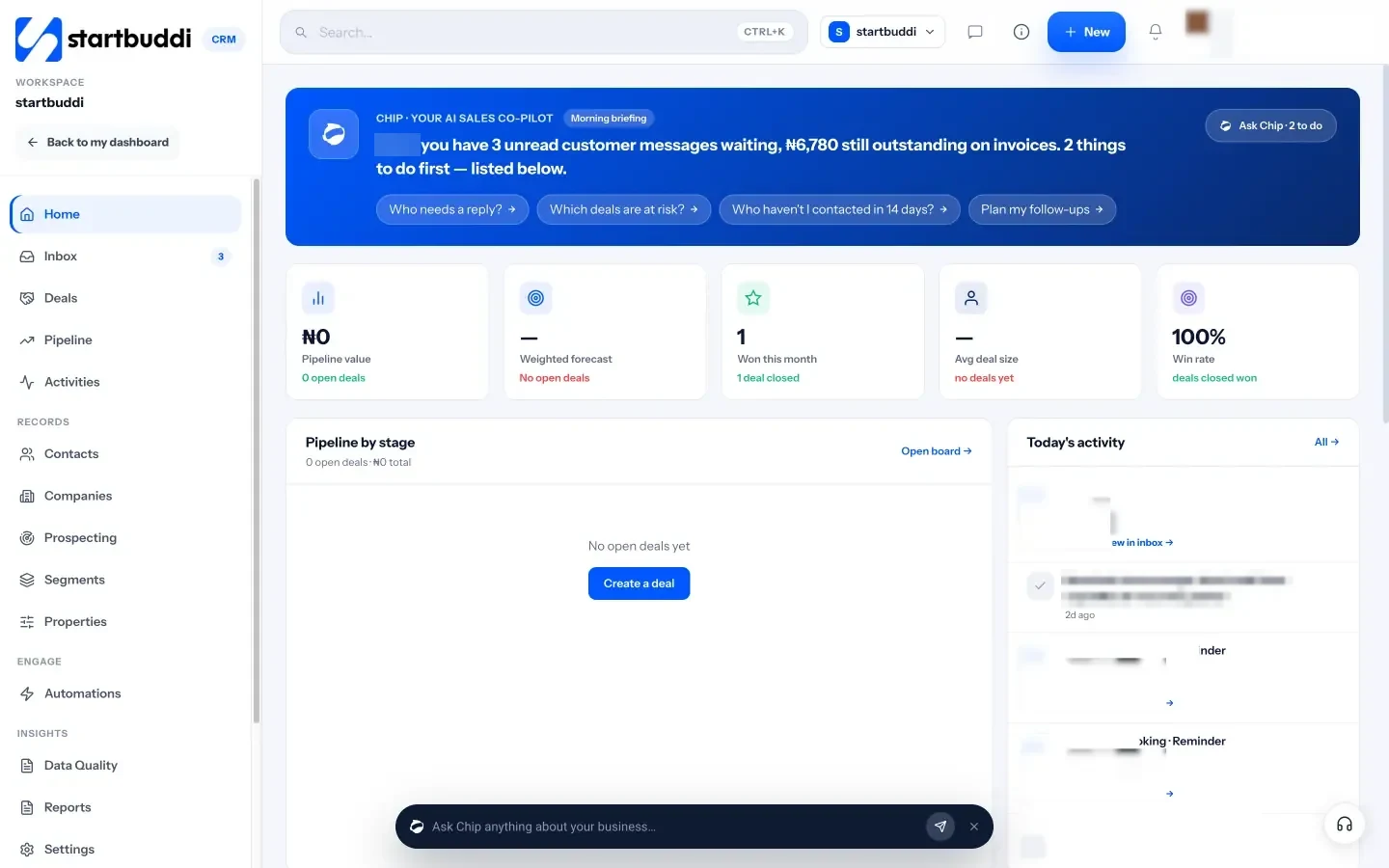 startbuddi: The Customers home, with Chip's briefing, pipeline by stage and next best actions