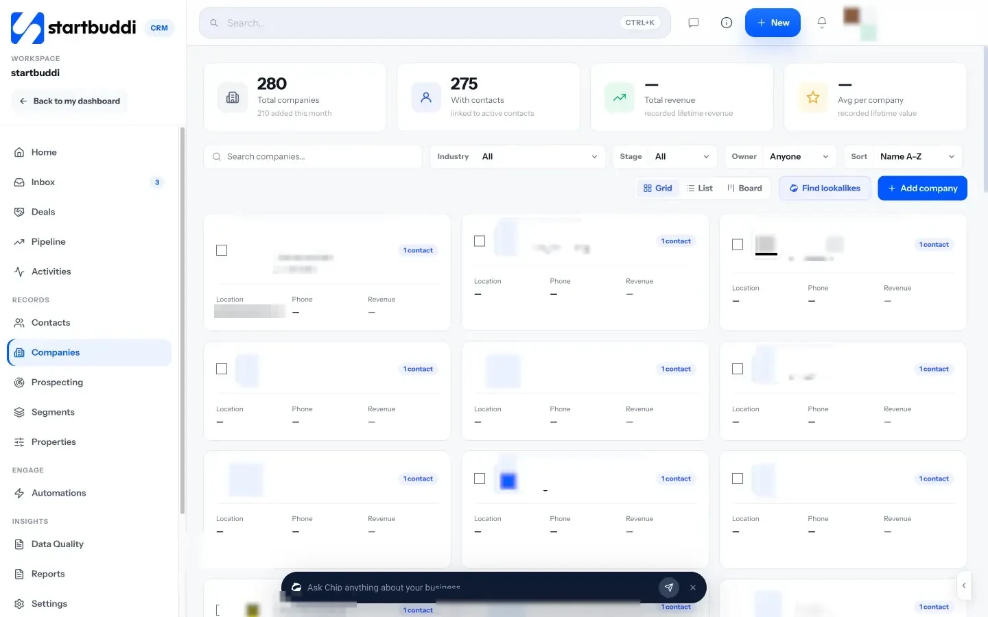 startbuddi: Companies in Customers, filterable by industry, stage and owner