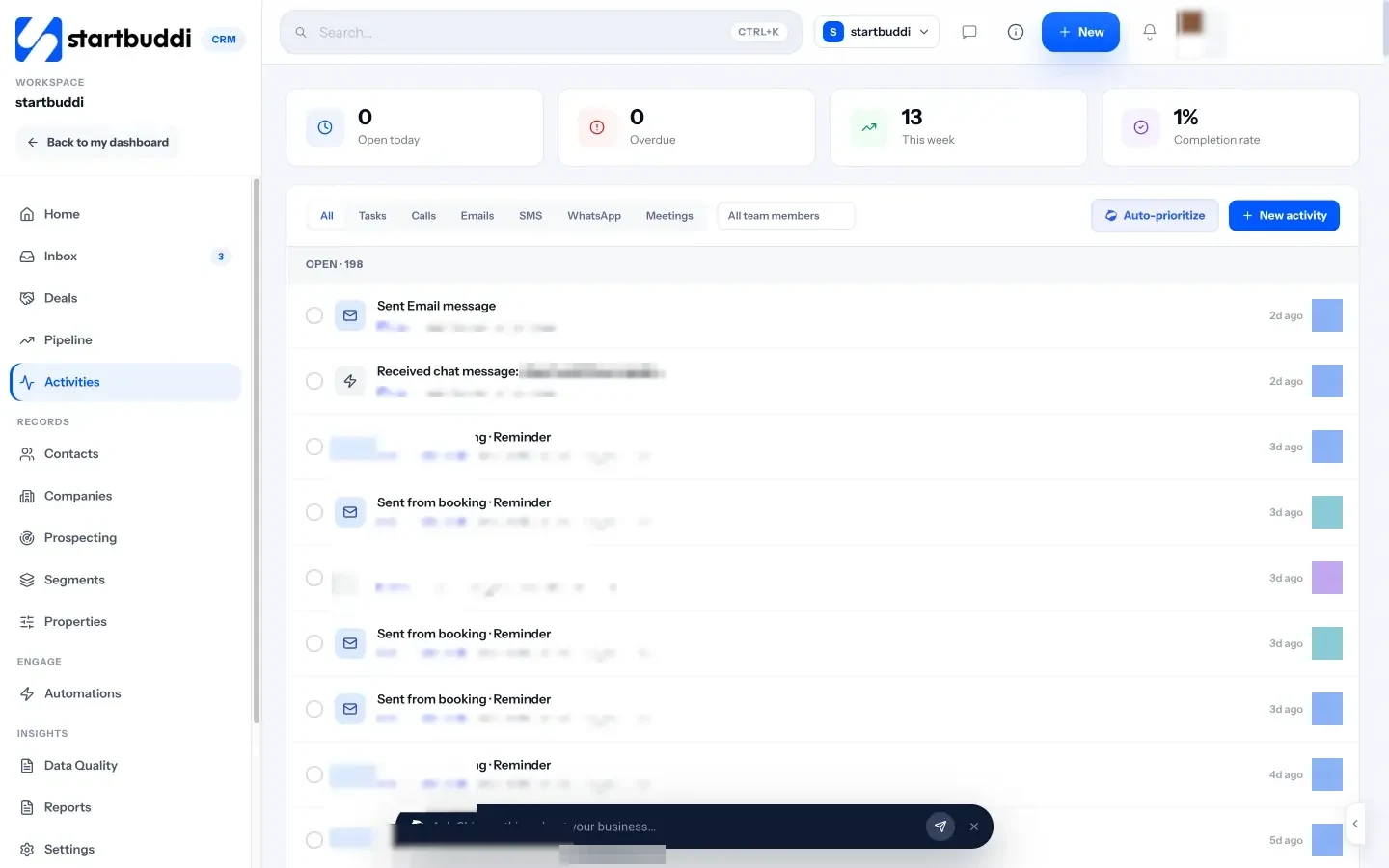 startbuddi: Activities shows every call, email, message and task, with automated reminders alongside manual work