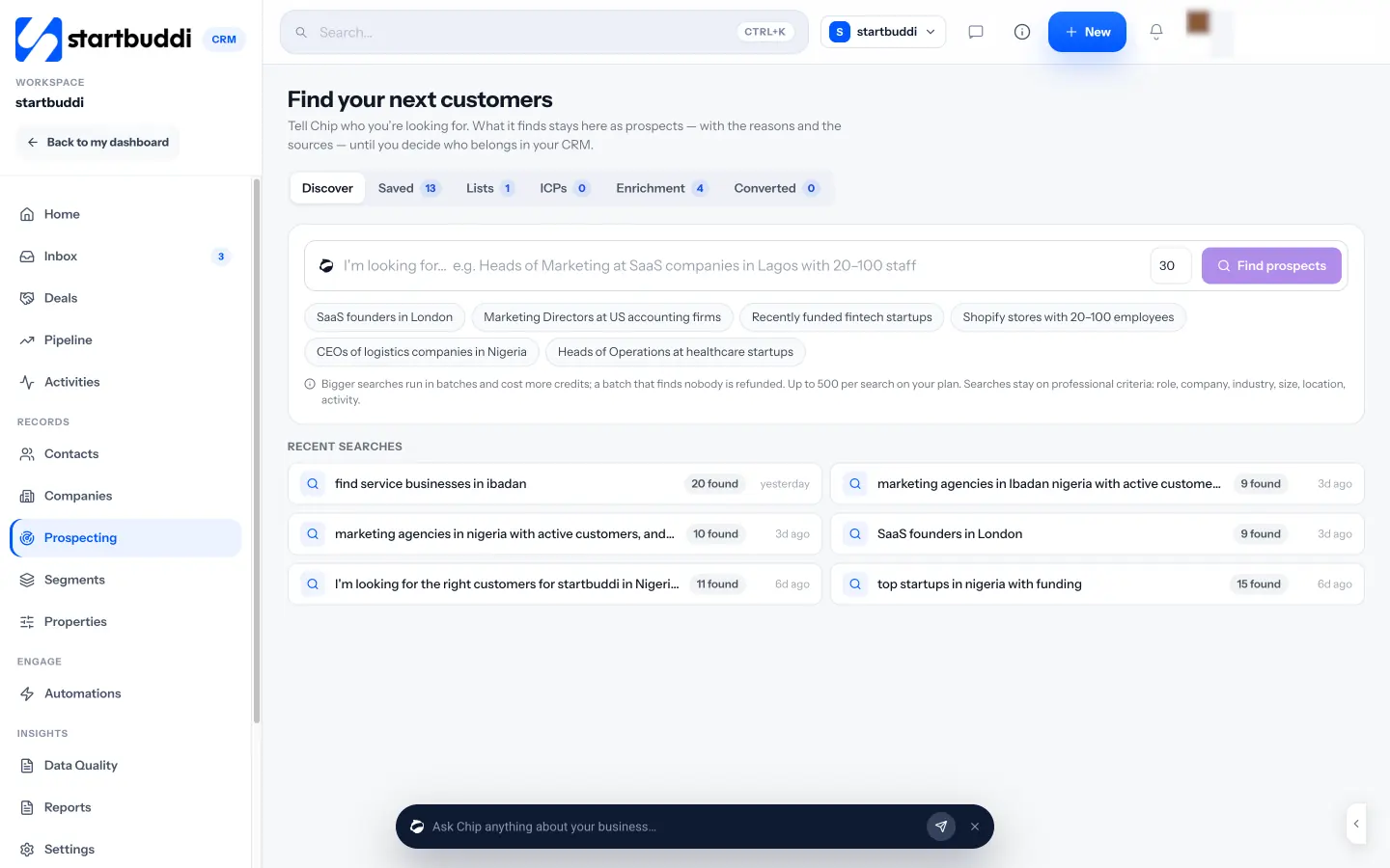 startbuddi: Prospecting in Customers: describe who you are looking for and Chip finds real prospects with sources