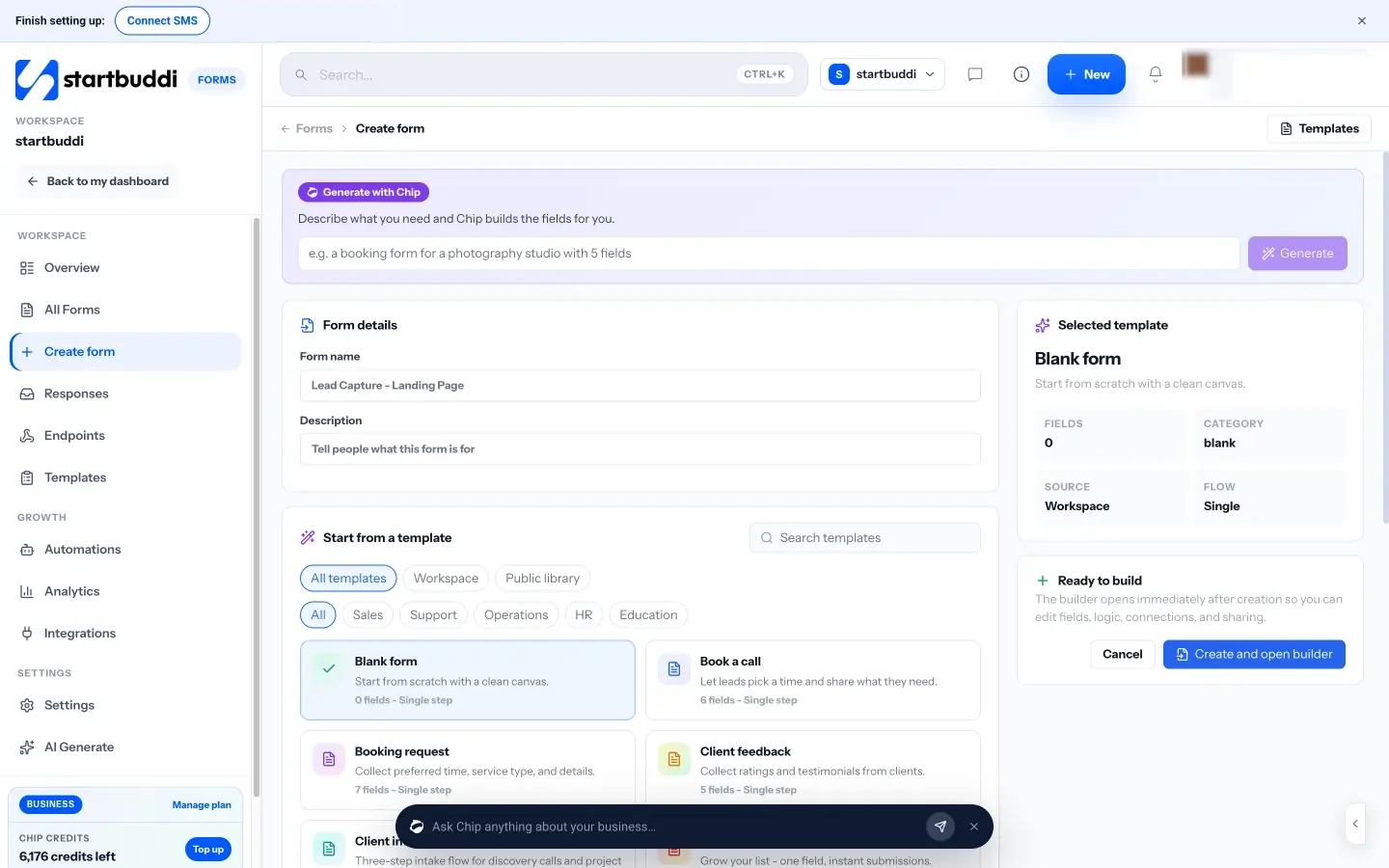 startbuddi: Create a form from a template or ask Chip to build the fields for you