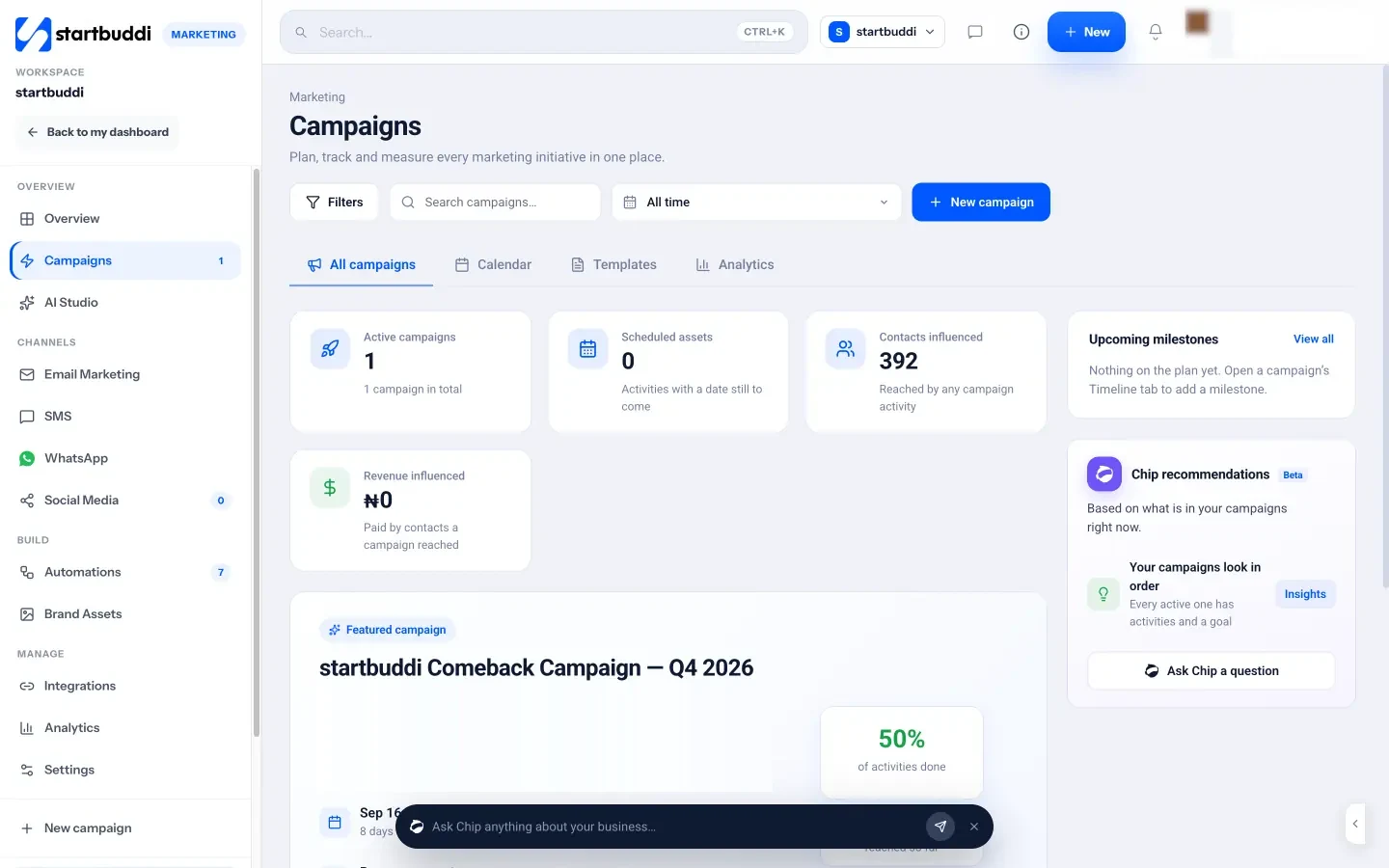 startbuddi: Campaigns group every email, message and page that belongs to one launch or promotion