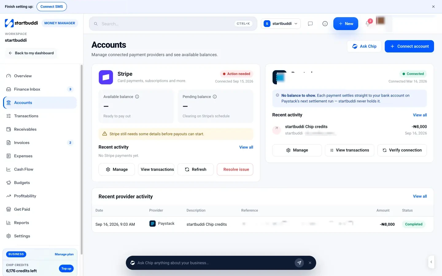 startbuddi: The Accounts page in Money Manager, showing connected Stripe and Paystack accounts