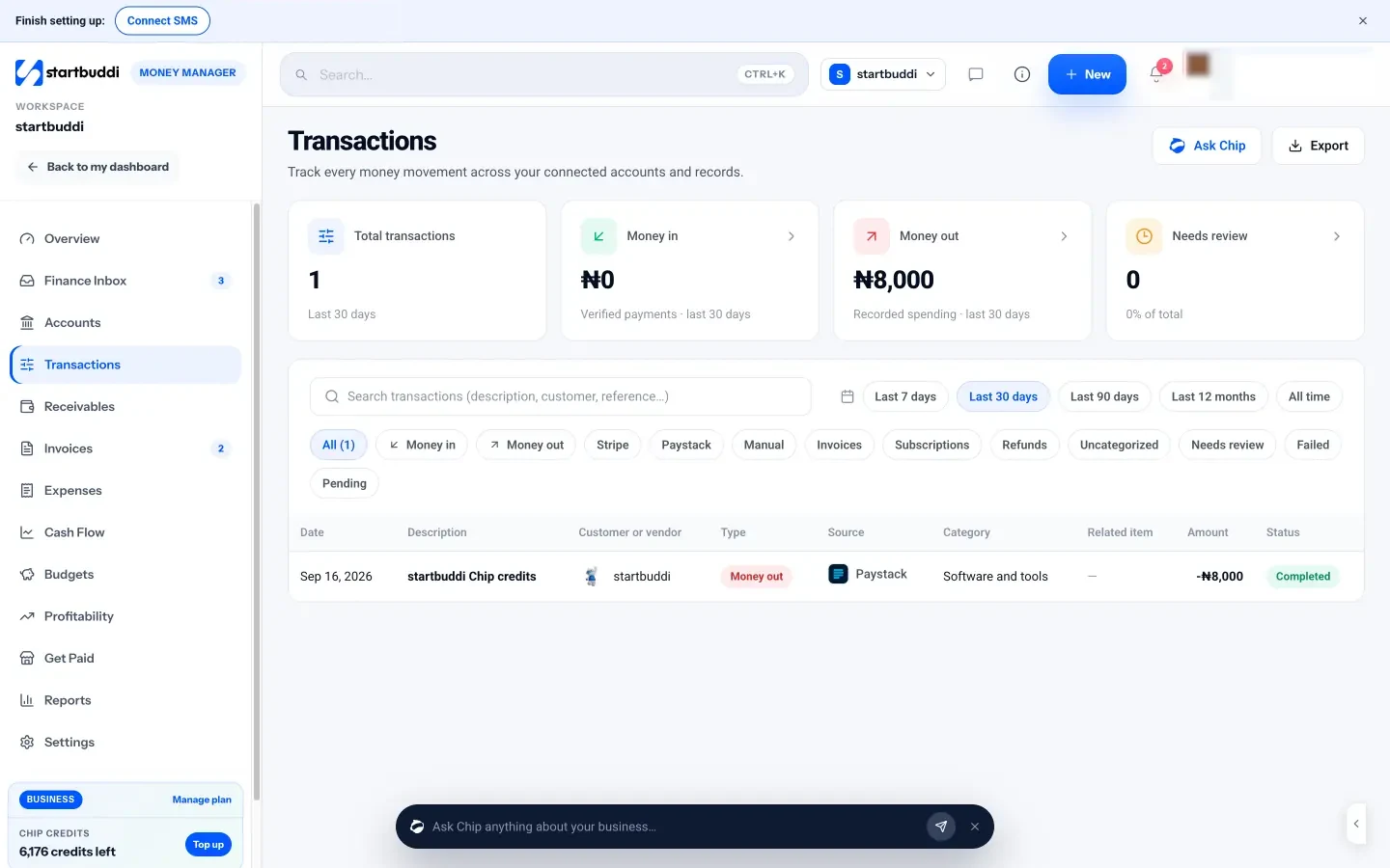 startbuddi: The Transactions feed, combining payments, expenses, bills and reimbursements with filters