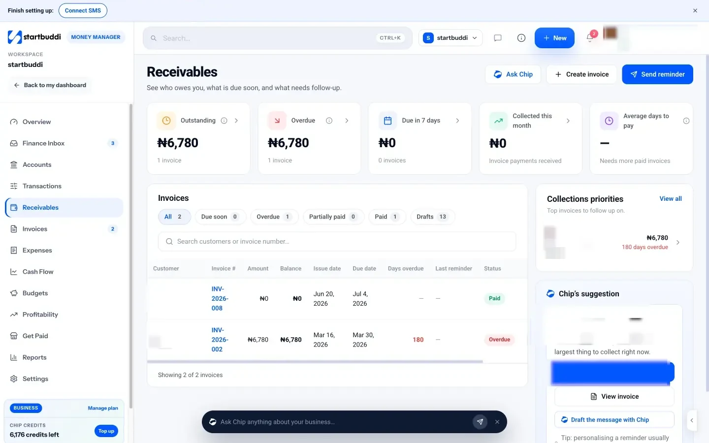 startbuddi: Receivables: outstanding and overdue invoices, collection priorities and Chip's suggestion