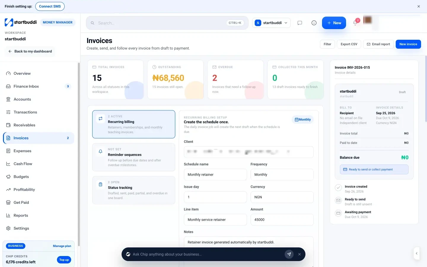 startbuddi: The Invoices page in Money Manager, with totals for outstanding, overdue and collected this month