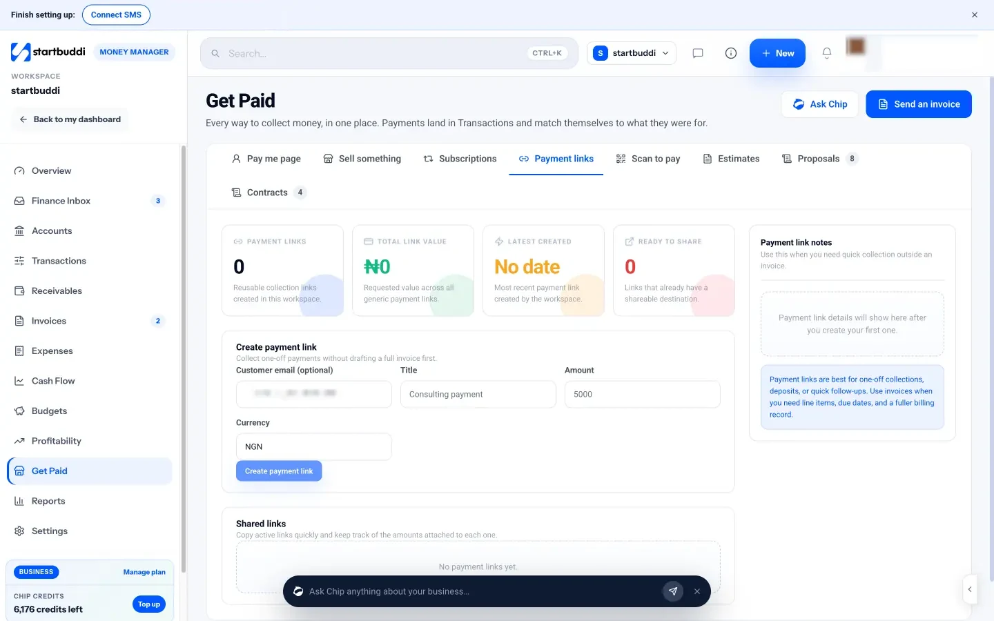 startbuddi: Creating a payment link in Get Paid for a one-off amount