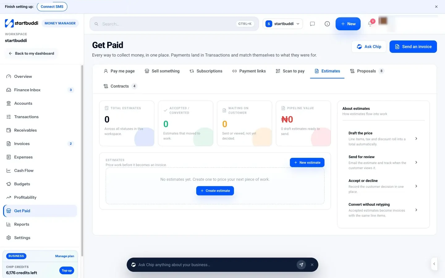 startbuddi: The Estimates tab in Get Paid, where quotes live before they become invoices