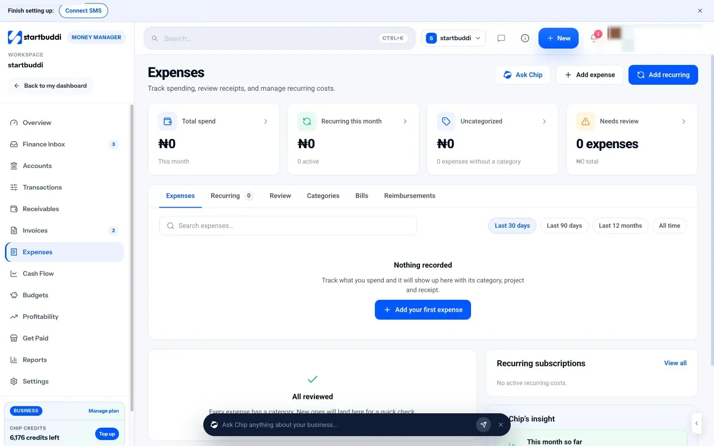 startbuddi: The Expenses page, where you log spending, attach receipts and see recurring costs