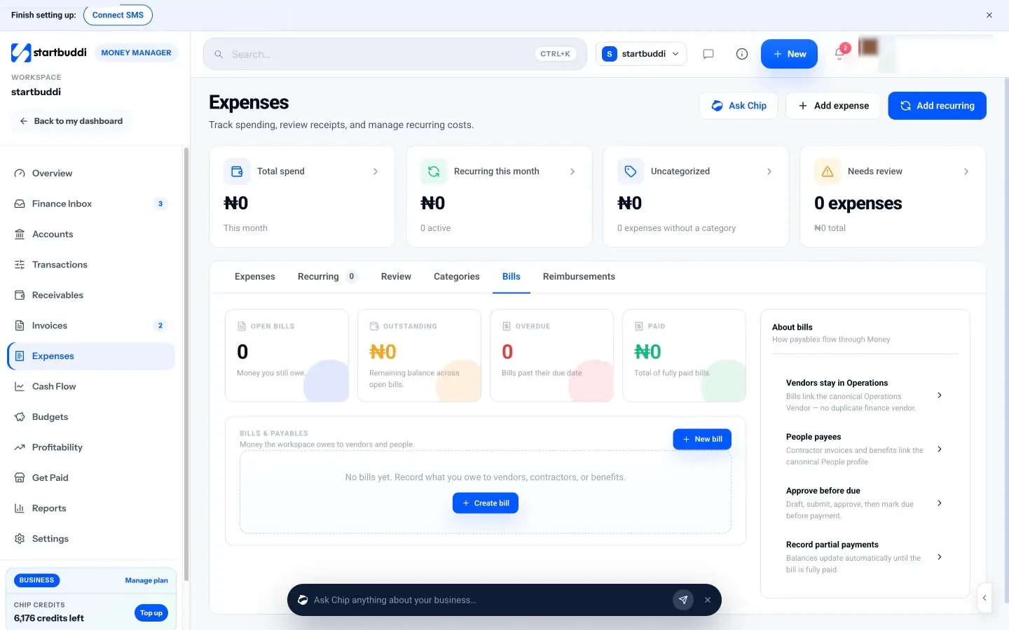 startbuddi: The Bills tab, tracking money the business owes vendors, with open, outstanding, overdue and paid totals
