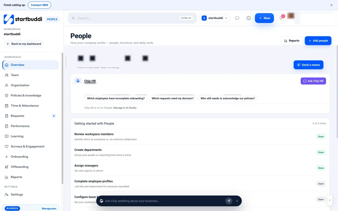 startbuddi: The People overview, with the Chip HR card, the setup checklist and the Send a memo button