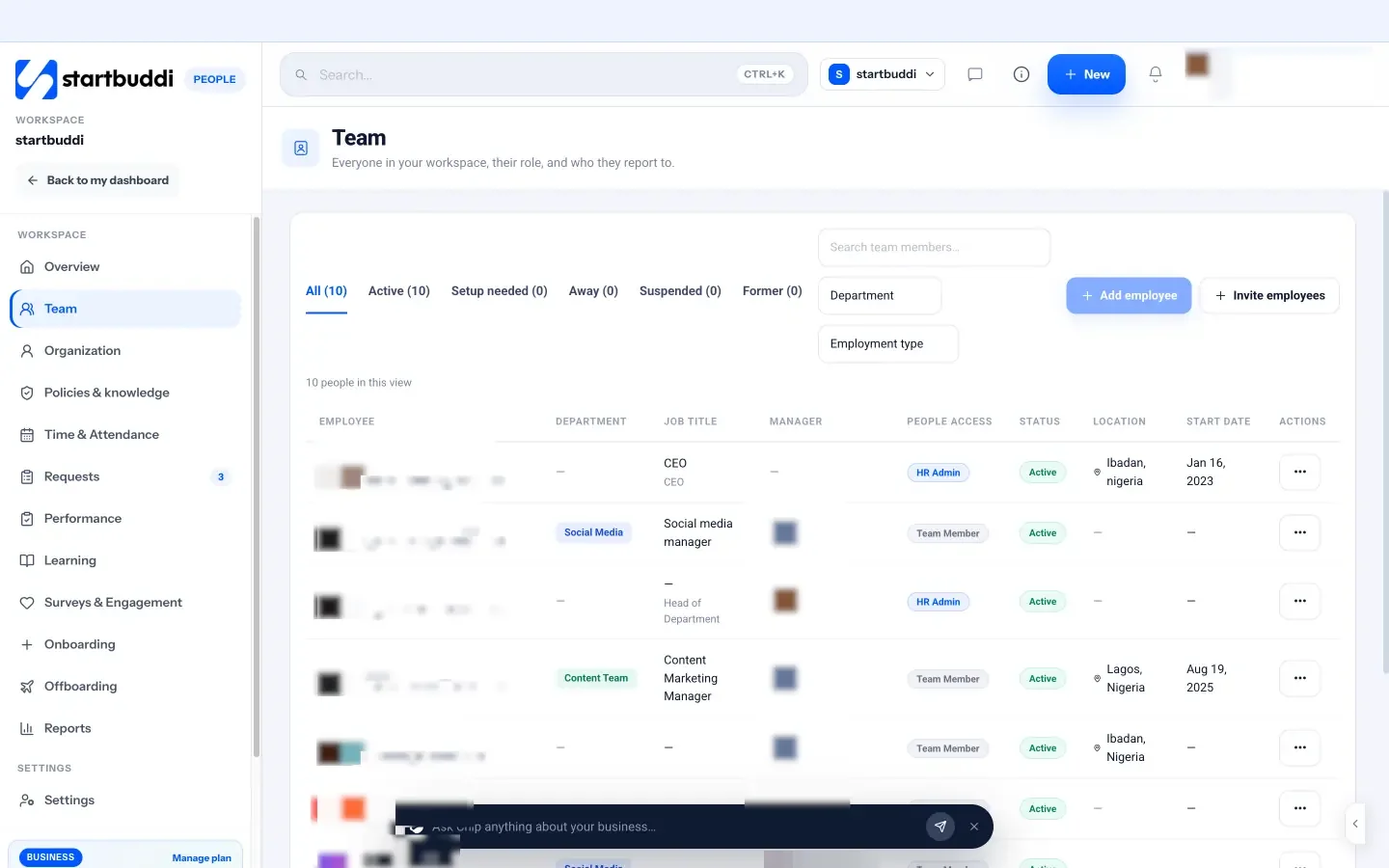 startbuddi: The Team directory lists everyone with their department, job title, manager and status