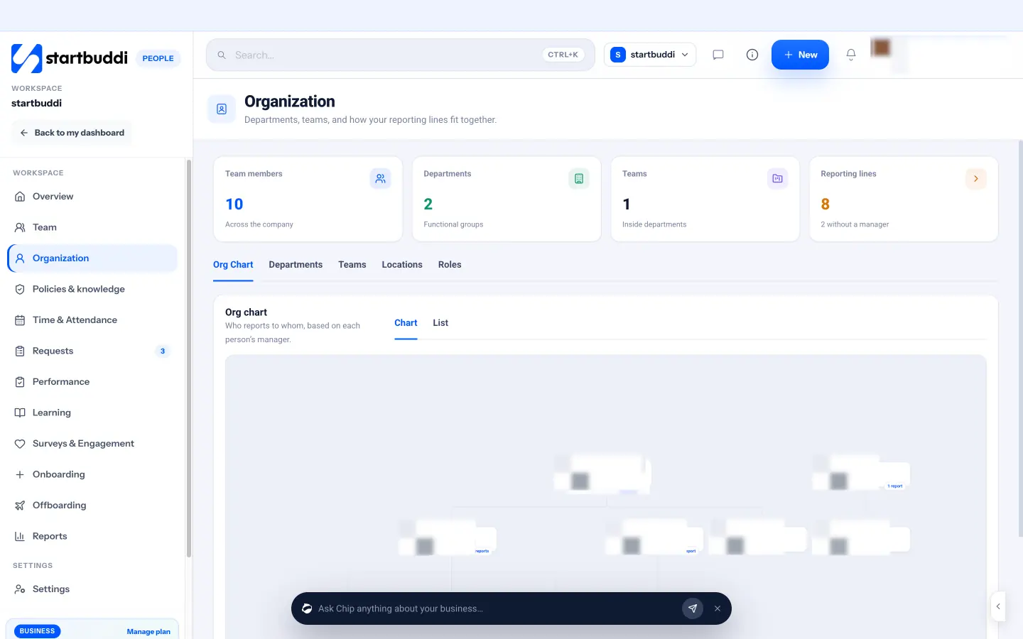 startbuddi: Organization in People, with departments, teams and reporting lines that surveys can be sent to