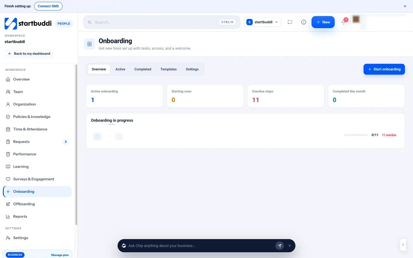 startbuddi: The Onboarding screen shows active onboarding, overdue steps and each new hire's progress