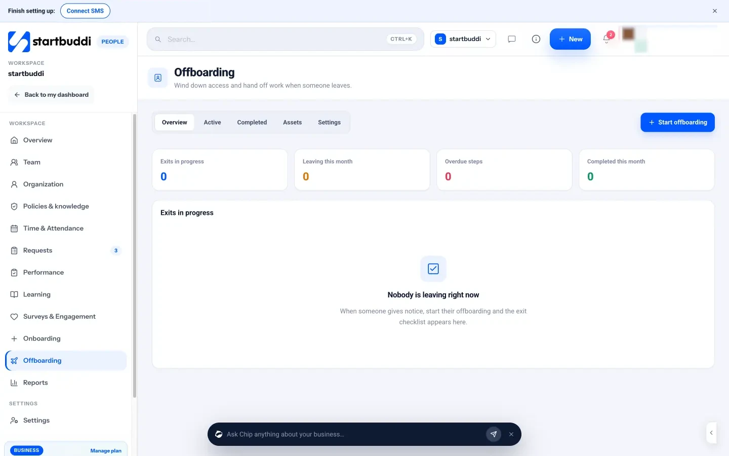 startbuddi: Offboarding in People, with exits in progress, people leaving this month and overdue steps