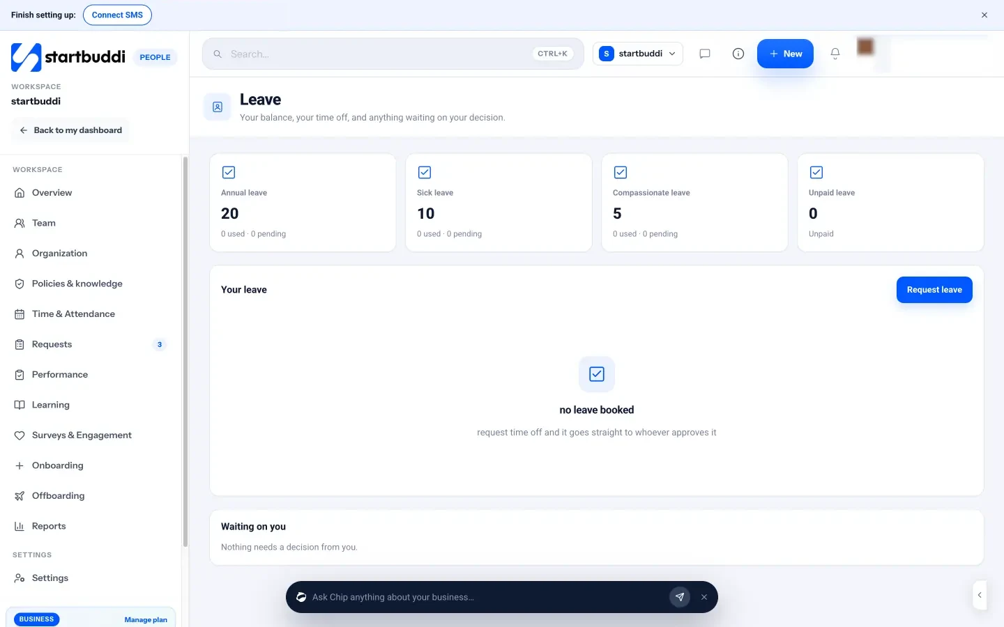 startbuddi: Leave in People: balances by leave type, your time off, and requests waiting on your decision