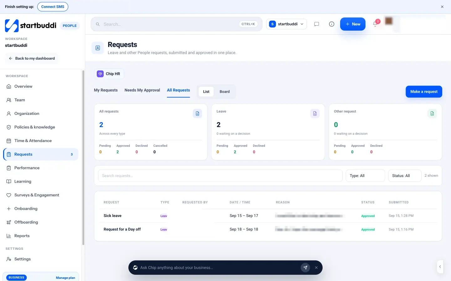 startbuddi: Requests: leave and other People requests, submitted and approved in one place