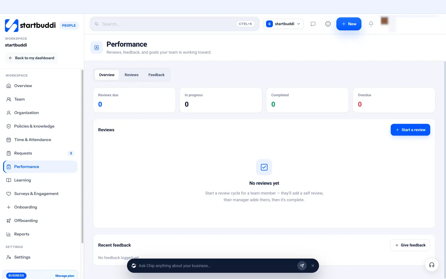 startbuddi: Performance in People, where reviews and feedback sit alongside each person's goals