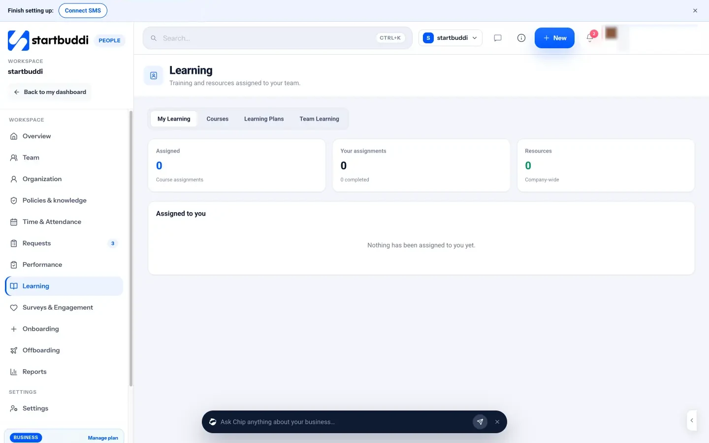 startbuddi: Learning in People, with tabs for My Learning, Courses, Learning Plans and Team Learning