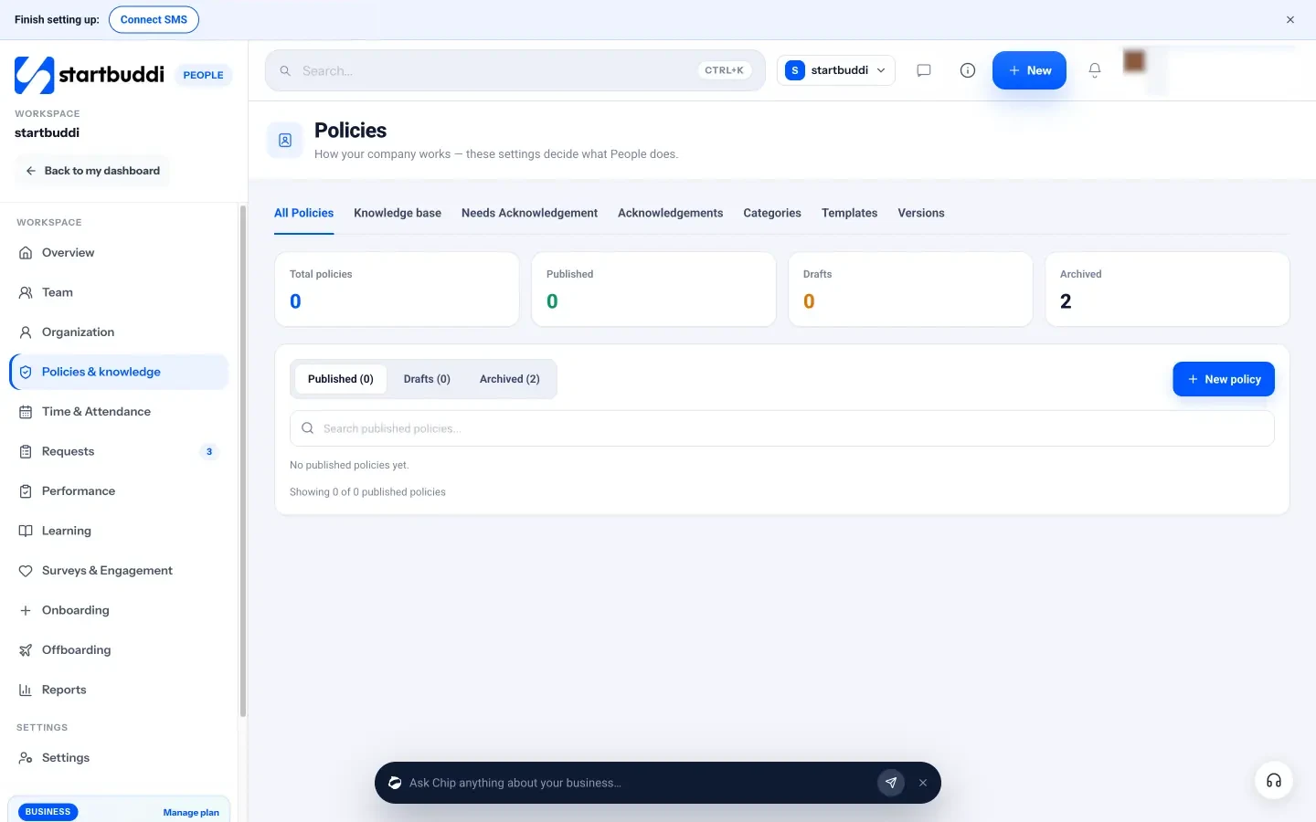 startbuddi: Policies in People, with published, draft and archived policies and tabs for categories, templates and versions