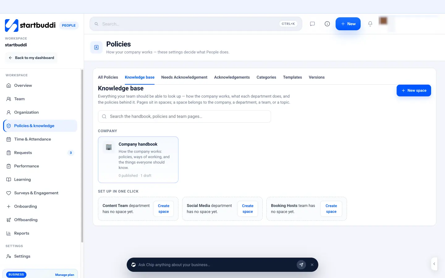 startbuddi: The People knowledge base: pages organised in spaces for the company, departments and teams, with one search box
