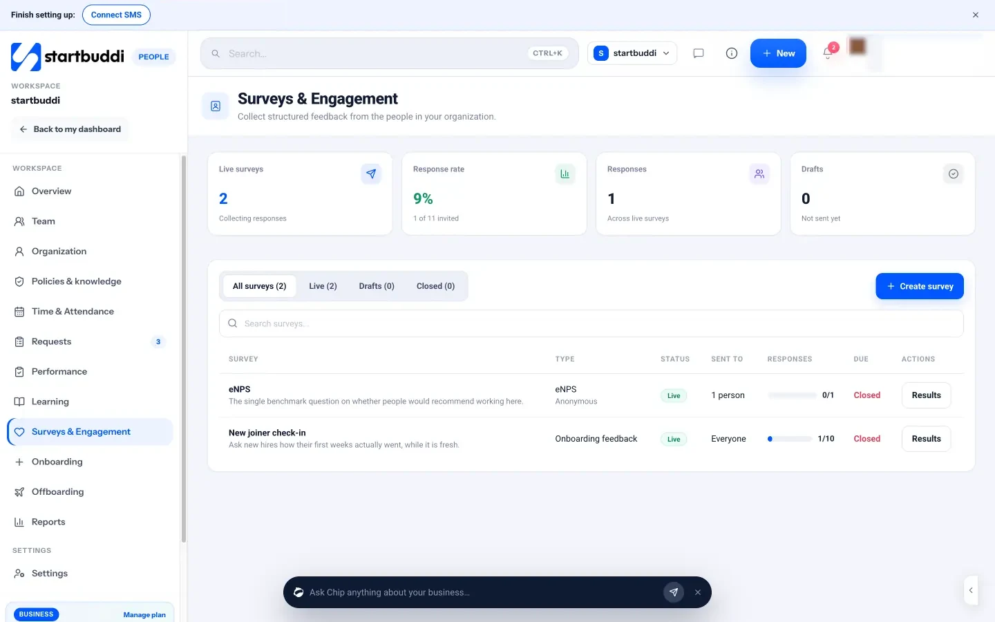 startbuddi: Surveys and Engagement in People, listing live surveys with their response rates and a Create survey button