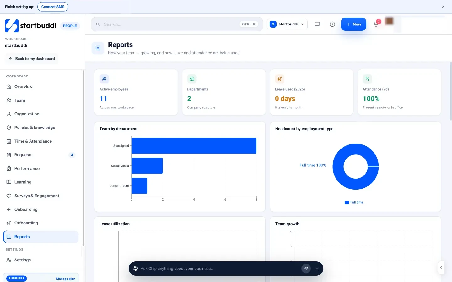 startbuddi: People reports: headcount by department and type, team growth, attendance, joiners and leavers