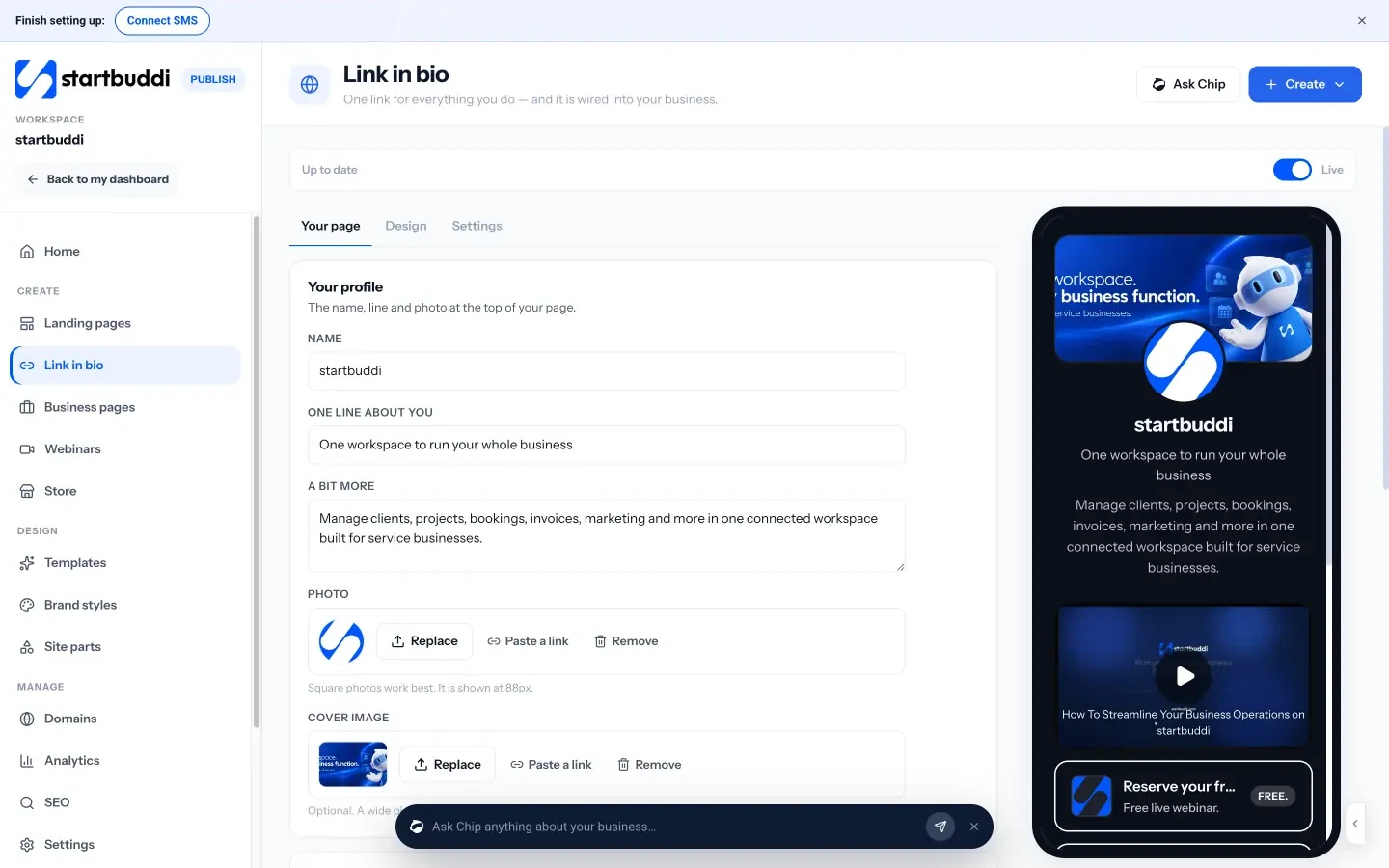 startbuddi: The link in bio editor, where you add a booking block, a form and contact buttons to one mobile page