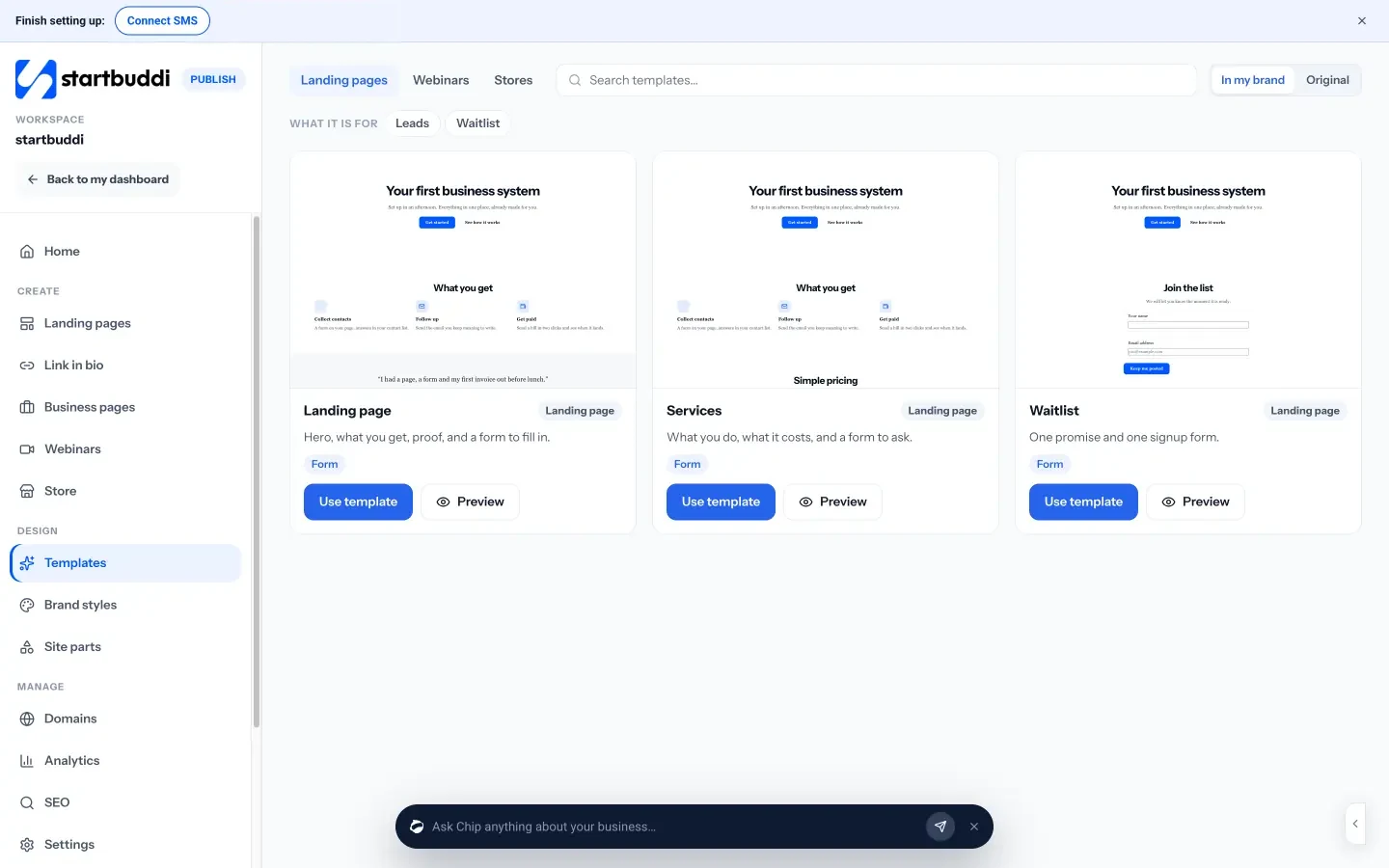 startbuddi: The Templates gallery in Publish, where the Webinars tab holds the designs for registration pages.