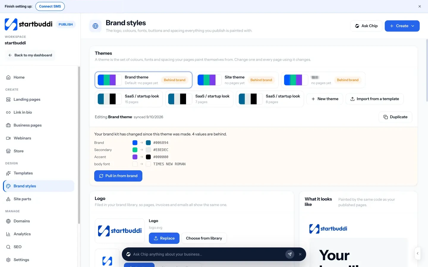 startbuddi: Brand styles in Publish: set your logo, colours and fonts once and every page uses them