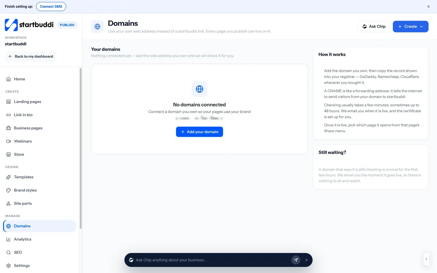 startbuddi: Domains: add a web address you own, copy one record to your registrar, and startbuddi checks it for you