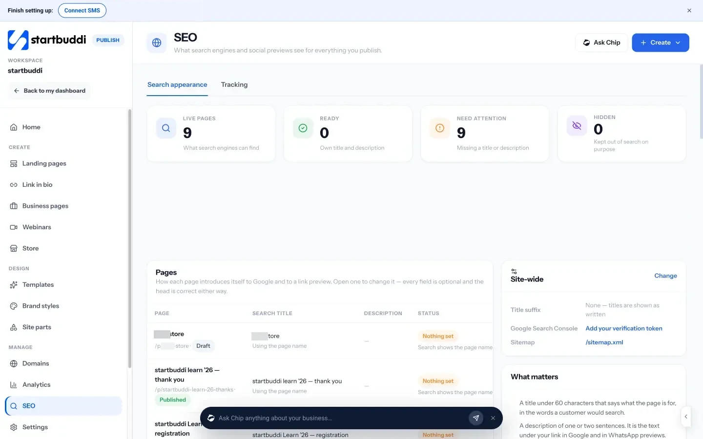 startbuddi: The SEO screen in Publish, showing which pages are ready for search and which need attention