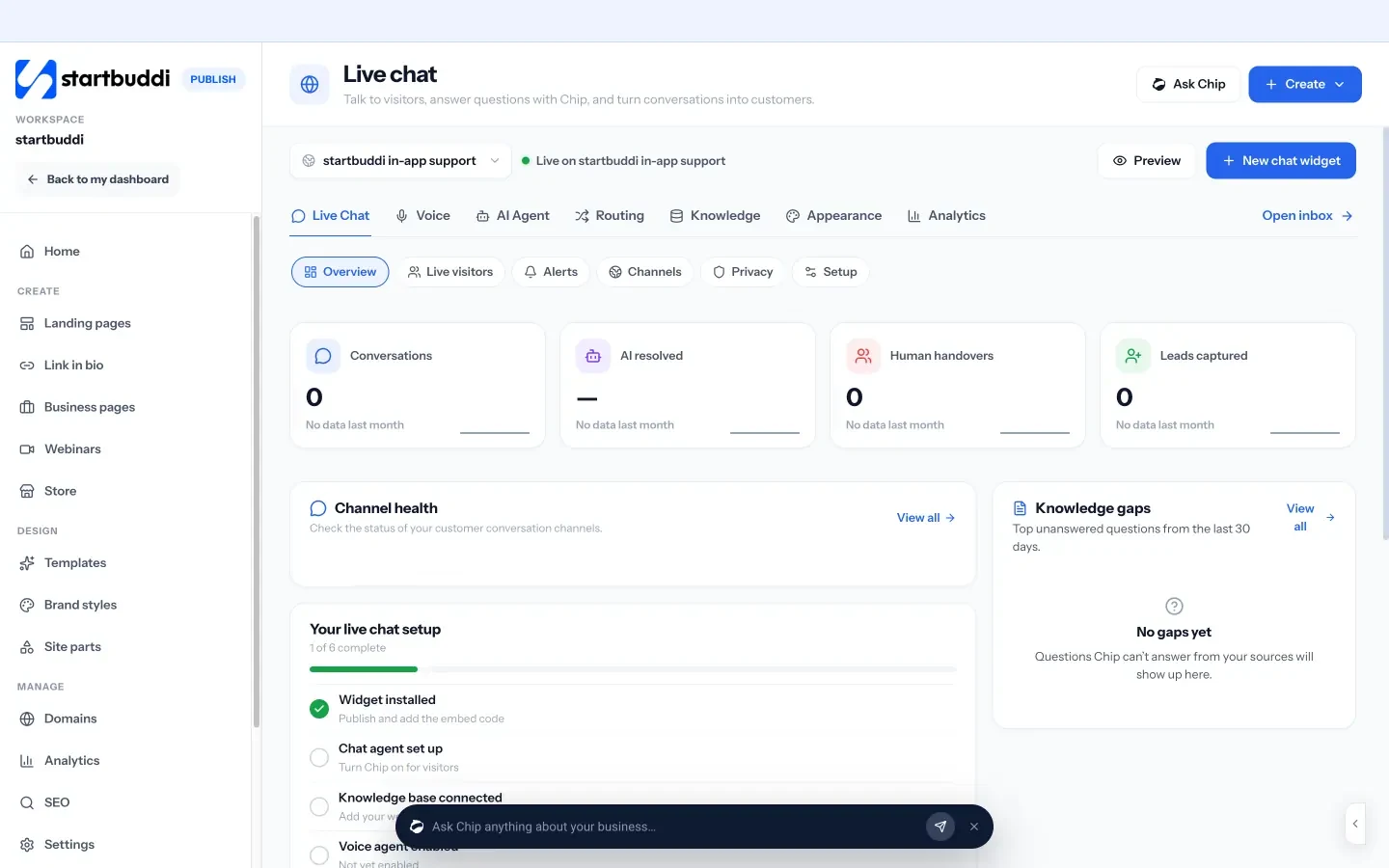 startbuddi: Live chat settings, where you set up the website chat widget and how Chip answers visitors
