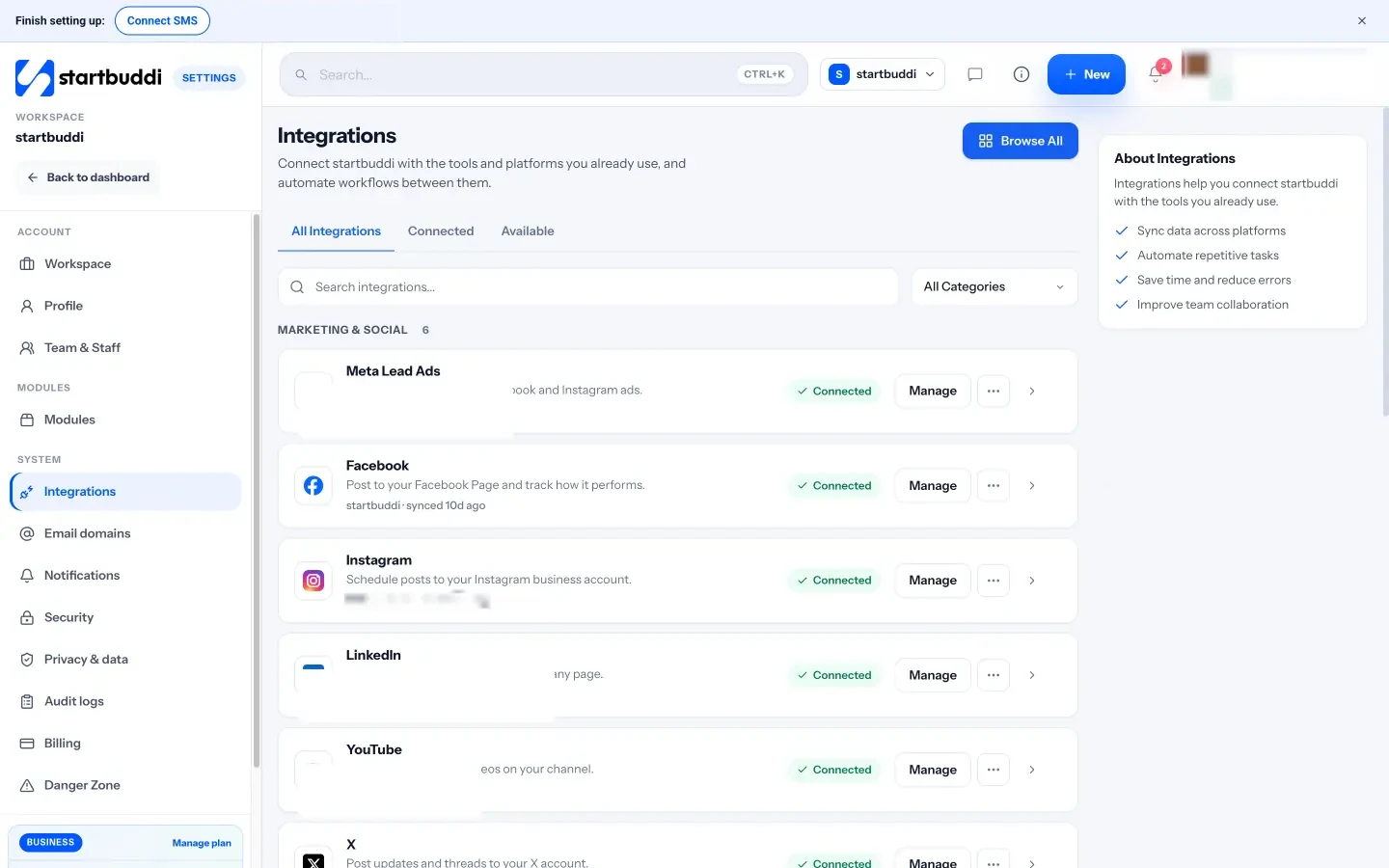 startbuddi: Integrations in Settings: connected tools, with tabs for connected and available ones