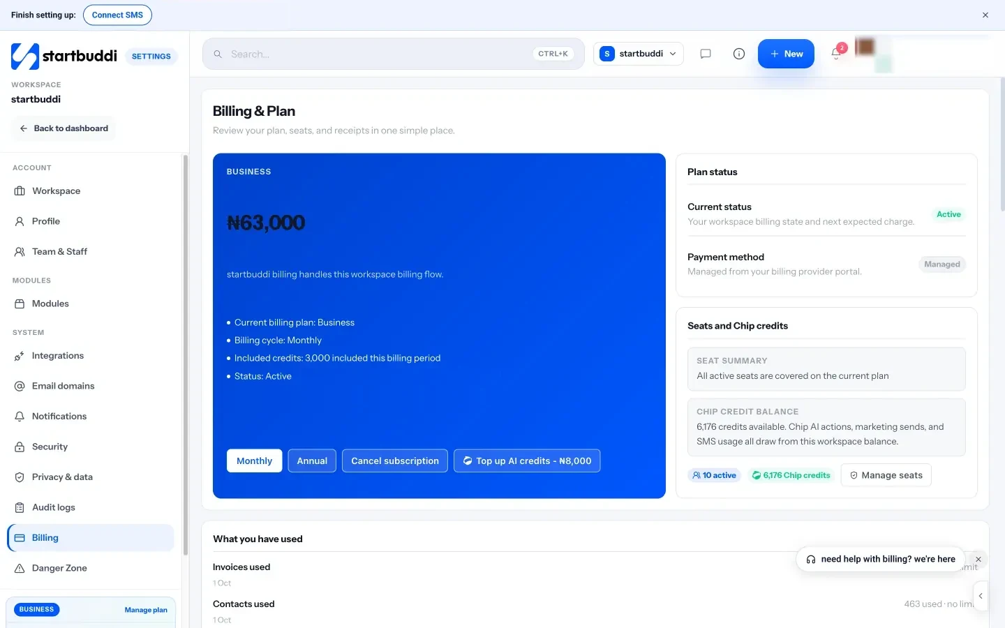 startbuddi: Billing and plan: your plan, seats, Chip credit balance and what you have used