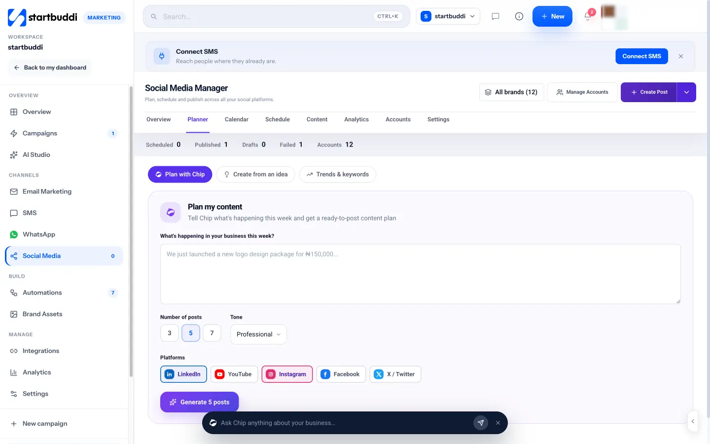 startbuddi: Plan with Chip: describe your week, choose the number of posts, tone and platforms