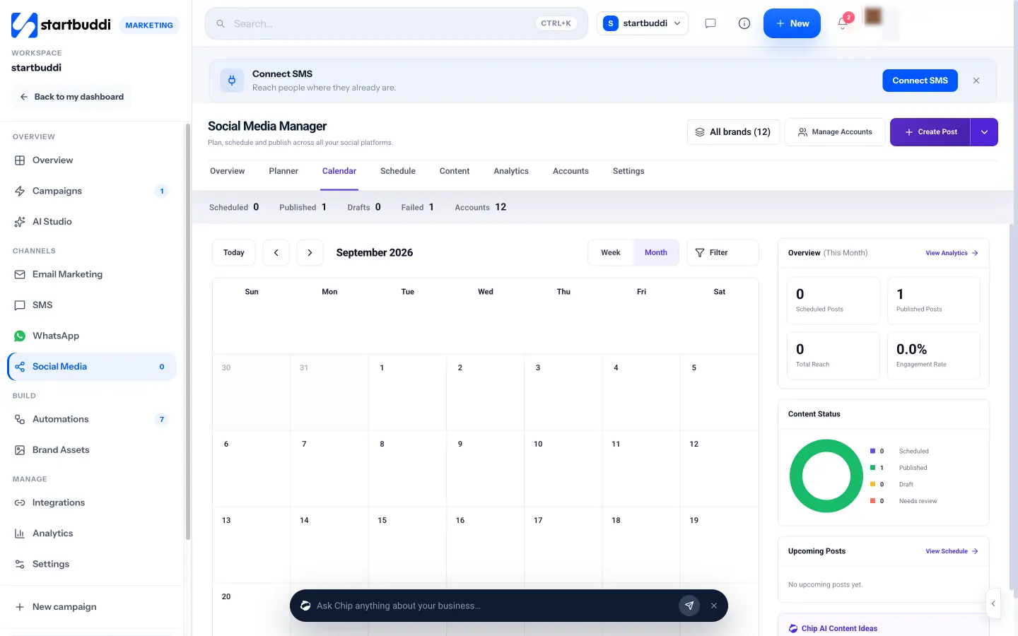 startbuddi: The social calendar: scheduled and published posts by month, with content status alongside