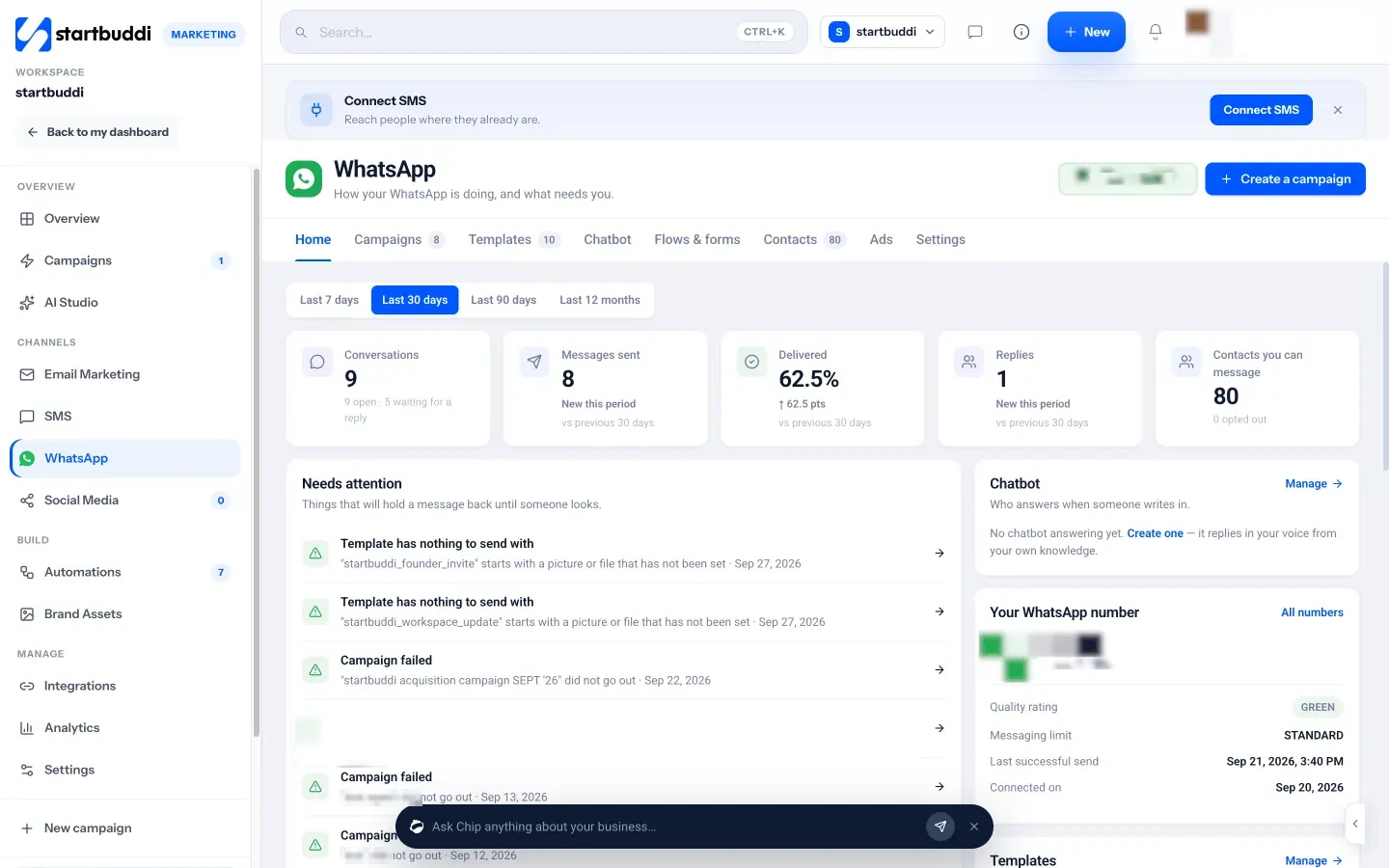 startbuddi: The WhatsApp home tab shows conversations, delivery, replies and anything that needs your attention