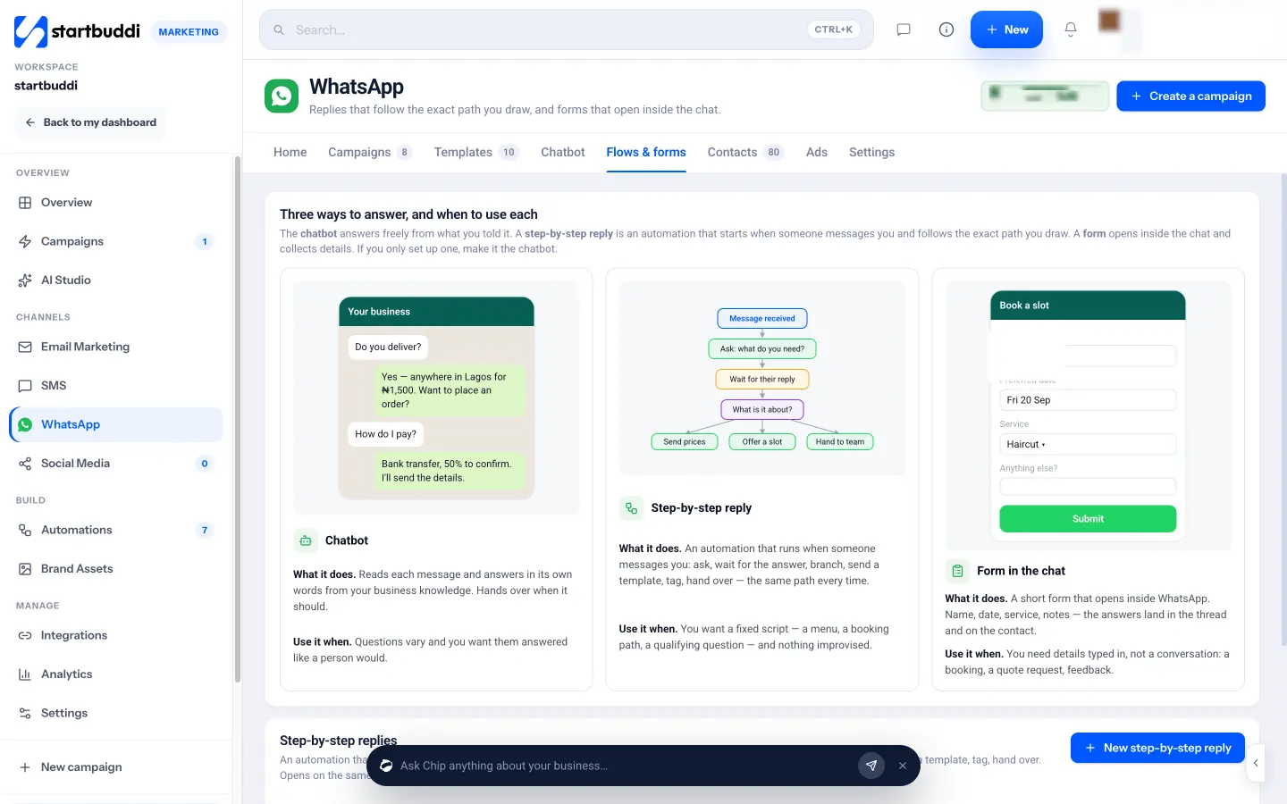 startbuddi: WhatsApp Flows and forms: chatbot, step-by-step reply and form in the chat, side by side