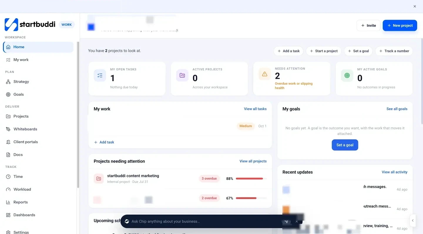 startbuddi: Work home: quick actions to set a goal or track a number, with open tasks, projects needing attention and active goals