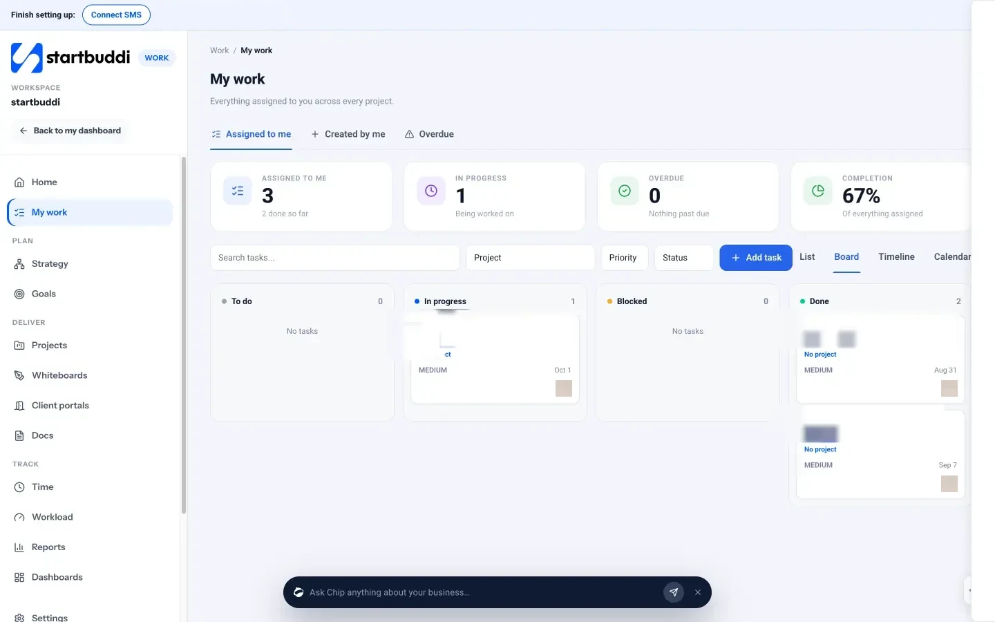 startbuddi: The board view lets you drag tasks between columns so everyone can see work moving